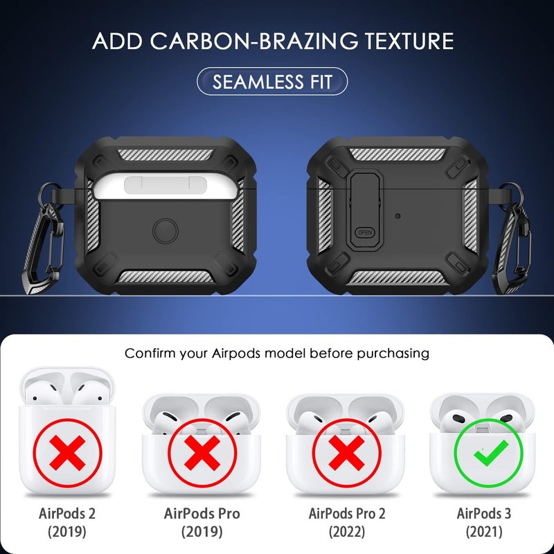 RFUNGUANGO for AirPods 3rd Generation Case Cover with Cleaner Kit, Military Hard Shell Protective Armor with Lock for AirPod Gen 3 Charging Case 2021,Front LED Visible,Black - Image 5